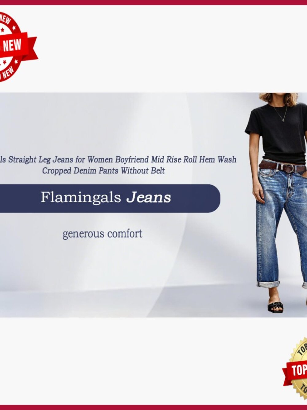 Straight Leg Cropped Jeans Mid Rise Boyfriend Fit Roll Hem Denim Pants - Picture 7 of 7